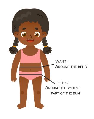 a cartoon girl in her underwear showing how to measure properly for your clothes.